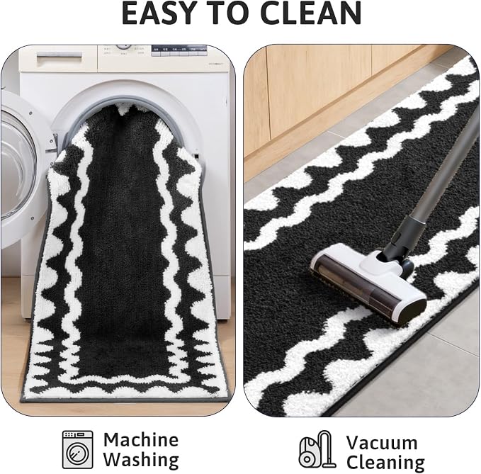 Findosom Bathroom Rugs Sets 3 Piece, Absorbent Soft Non-Slip Bath Rug Set | Washable Microfiber Shaggy Scalloped Bath Mat Set with Bathroom Runner Rug, U-Shaped Toilet Rugs, Shower Rug, Black