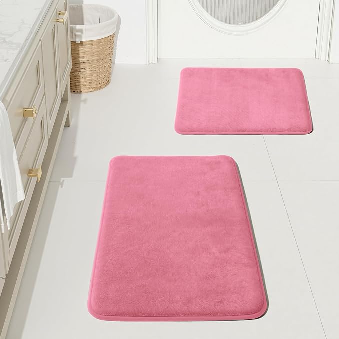 Bathroom Rugs Sets 2 Piece, Non-Slip & Quick Dry Bath Mat Set, Ultra Soft Velvet Bath Rugs for Bathroom, Toilet and Shower Floor, Pink