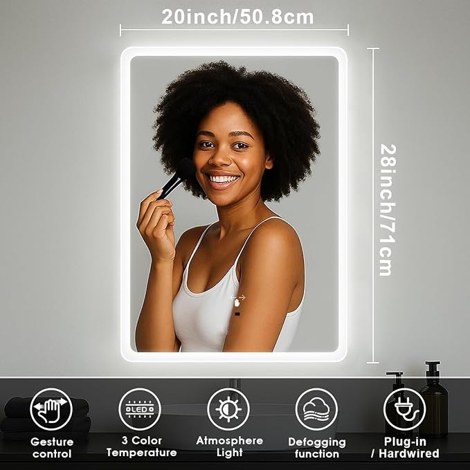 LED Bathroom Mirror, 20x28 in Vanity Mirrors with Backlit Lights for Shaving, Fogless Makeup Mirror Wall Mounted with Demister, Dimmable 3 Color Lighting, IP54, Hand Swipe, Vertically Only
