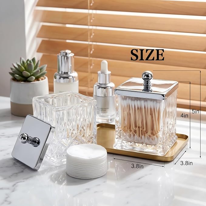 2 Pack Glass Qtip Holder Dispenser Set,Square Bathroom Apothecary Jars with Silver Metal Lid for Cotton Swabs,Balls, Pads, Floss Picks, Vanity Storage Container for Makeup,Candy, Jewelry(15 Oz, Clear)