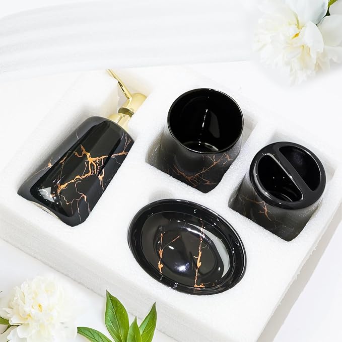 CERBIOR Bathroom Accessories Set,4 Pcs Ceramic Bathroom Accessory,Black | Includes Toothbrush Holder, Toothbrush Cup, Soap Dish for Decorative Countertop and Housewarming Gift