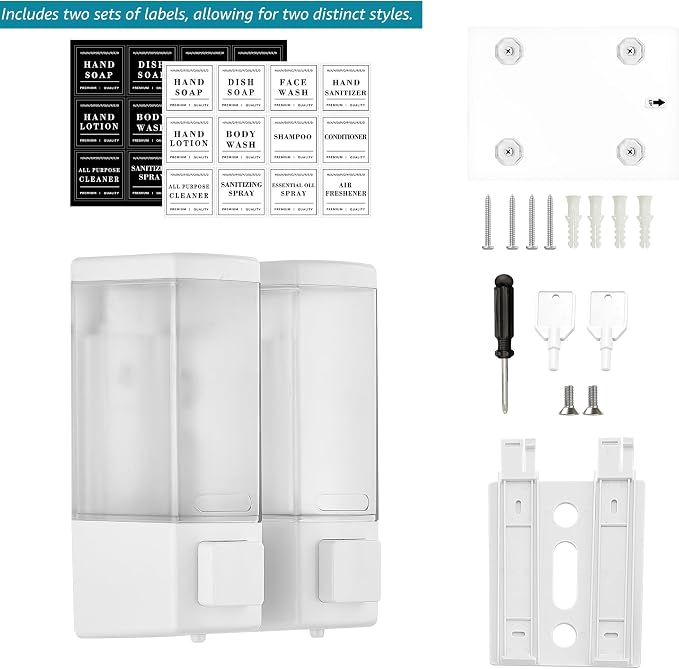 Shampoo and Conditioner Dispenser for Shower, 2 Chamber, White | Clog-Free Pump for Thick Liquids, 16.9oz Large Capacity, No Drill Wall Mounted Compact Design for Small Bathroom