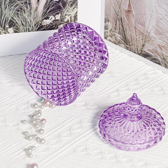 2 Pack Glass Qtip Holder, Apothecary Jars with Lids Bathroom Storage | Purple (10+24oz), Storage for Cotton Swabs, Balls, Pads, Floss Pick, Makeup, Candy & Jewelry, Vanity Organizer for Bathroom