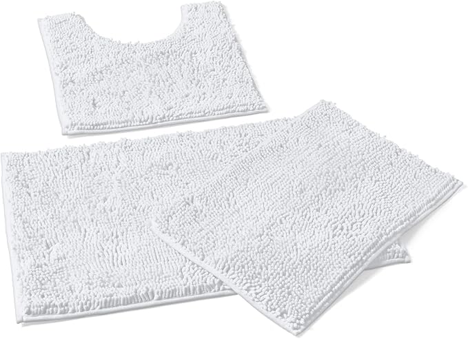 LuxUrux 3-Piece Bathroom Rug Set – Plush Chenille Bath Mats & U-Shaped Toilet Mat, Ultra-Soft, Absorbent & Non-Slip (20x20 U, 16x24 & 20x30 inches, White)