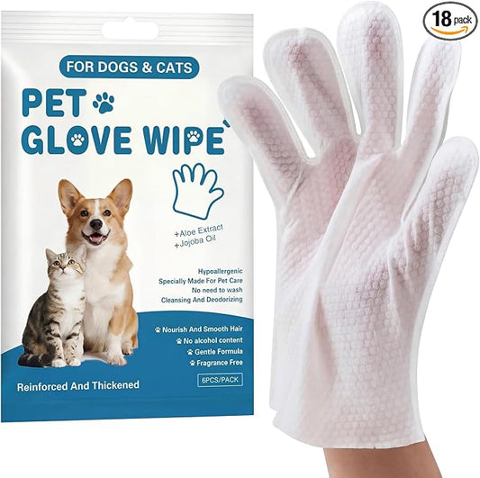 Pet Glove Wipes for Sphynx, Devon Rex, Cats & Dogs, 18 Count | No-rinse unscented deodorizing aloe mitts. Hypoallergenic thick wipes for full-body care, all pets daily & travel grooming