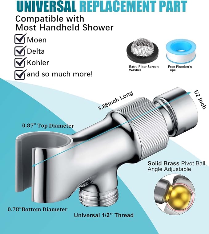 All Metal Handheld Shower Head Holders, 1/2" Shower Hose Holder Fits Most Hand Showerheads, Brass Hand Held Shower Head Holder Adjustable Shower Arm Mount, Easy to Install(Chrome)
