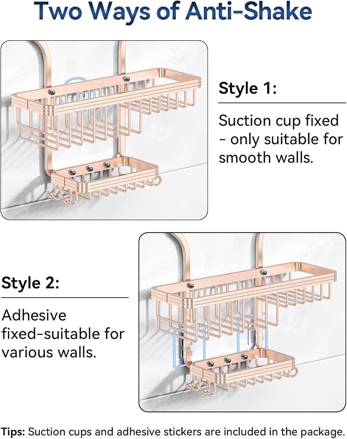 Never Rust Shower Caddy Hanging, Aluminum Shower Racks for Inside Shower, 3-Tier Shower Organizer Hanging Over Shower Head with Hooks and Soap Holder, Rose Gold