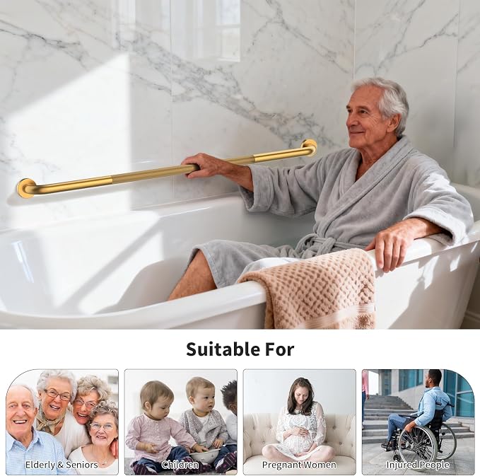 48 Inch Anti Slip Shower Grab Bar, Munzong Bathroom Grab Bar for Showers, Gold Knurled Handicap Balance Bar,Safety Hand Rail Support Elderly Senior Assist Bath Handle