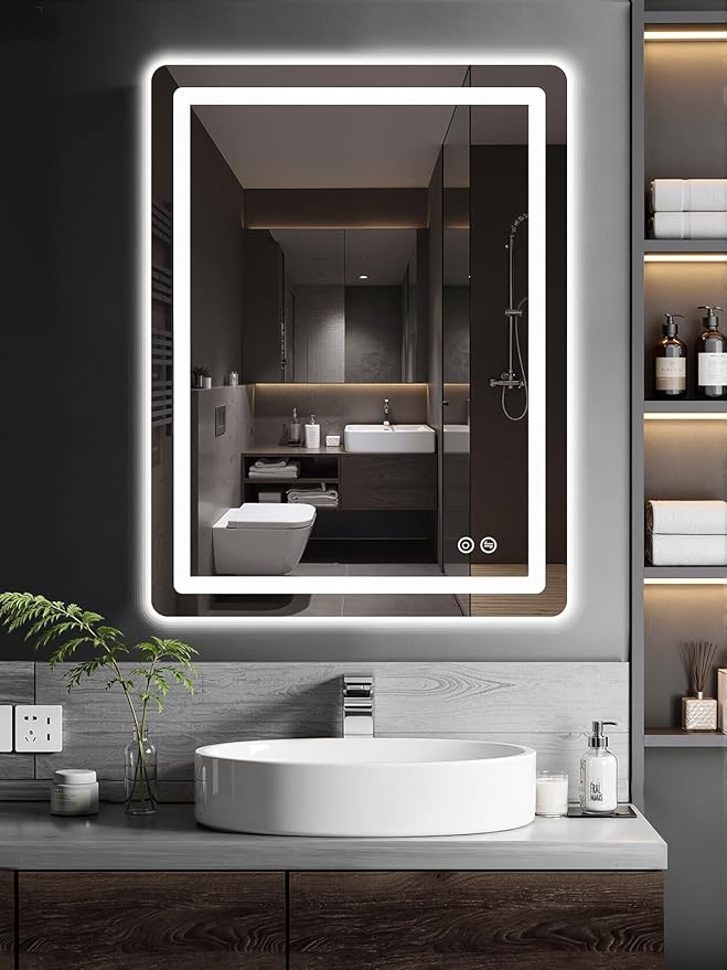 TRAHOME LED Bathroom Vanity Mirror with Lights, 32"x24" Lighted Wall Mirror | Front and Backlit, Anti Fog, Dimmable 3 Color Lighting, Memory Function, Shatterproof Glass, Plug in or Hardwired