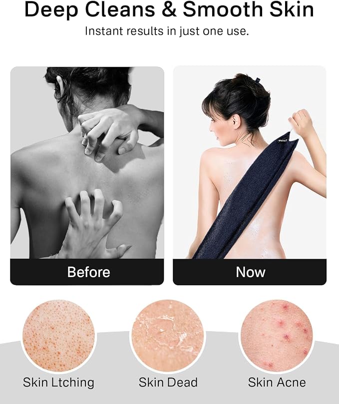 Exfoliating Washcloth Towel with Handle, Back Scrubber for Shower, Exfoliating Body Scrubber Exfoliator, Japanese Wash Cloth for Body Scrub, Bath Sponge Loofah Luffa Washer Exfoliator