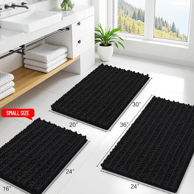 Smiry Bathroom Rugs 30X18, Extra Soft Rubber Backing Chenille Bath Mats | Black Machine Washable Non Slip Quick Dry Bath Mats for Bathroom Floor, Tub, Shower, Home Decor Accessories