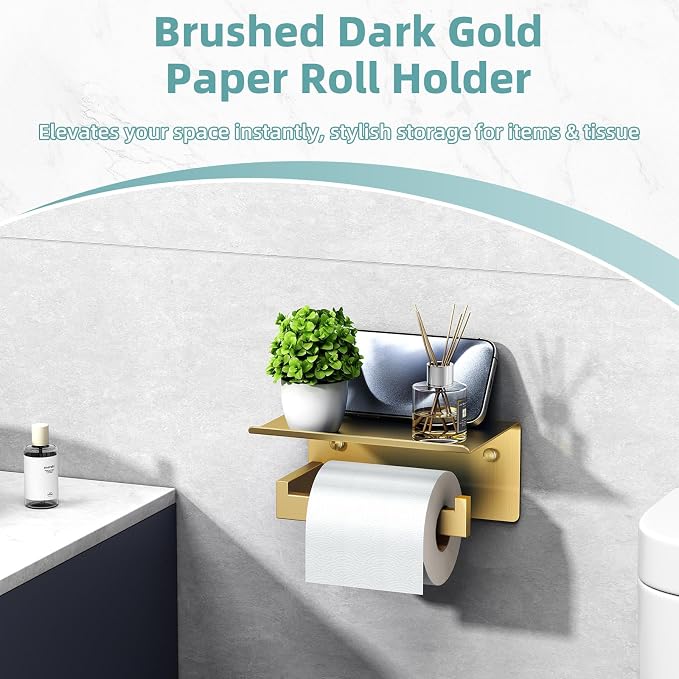 Toilet Paper Holder with Shelf Brushed Dark Gold, APLusee SUS 304 Stainless Steel Modern Bathroom Accessories Tissue Roll Dispenser Storage