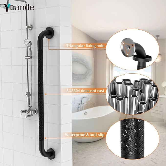 32 Inch Black Grab Bars for Shower with Anti-Slip Knurled Grip,YuanDe Stainless Steel Bathroom Grab Bars, Shower Handrail Support, Handicap Elderly Balance Assist Handles