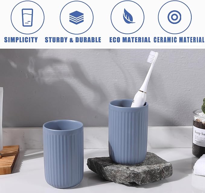 Blue Toothbrush Holders for Bathrooms - 2 Cups Ceramic Toothbrush Toothpaste Holders Set, Blue Bathroom Tumbler Cups Reusable Toothbrush Mouthwash Cup, Bathroom Counter Organizer.