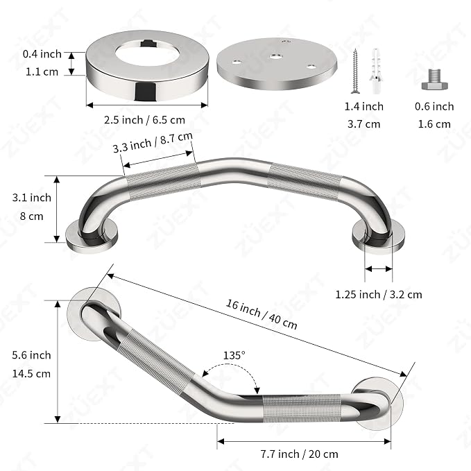 16 Inch Angled Grab Bar, ZUEXT Anti-Slip Shower Grab Bar Handles w/Knurled Texture Grip, Chrome Stainless Steel Bathroom Balance Bar, Safety Hand Rail Support for Handicap Elderly Injury Senior