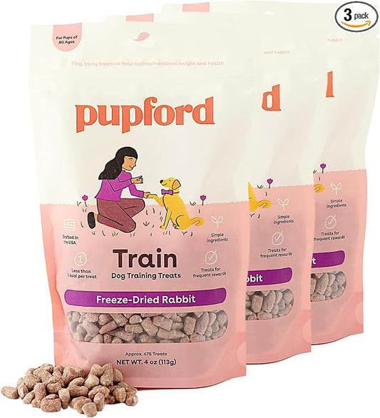 Pupford Freeze Dried Dog & Puppy Training Treats (Rabbit, 4 oz, 3 Pack) | 1400+ treats, Ultra low-calorie, Only 2 ingredients, All breed sizes, Mess free and bite sized, Trainer recommended