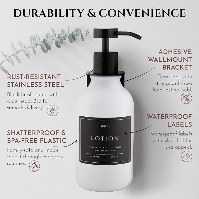 Shower Shampoo Dispenser Wall Mounted – Refillable 16.9 oz White Bottle with Stainless Steel Pump & No-Drill Adhesive Holder – Soap Dispenser for Bathroom (1 X White/Black)
