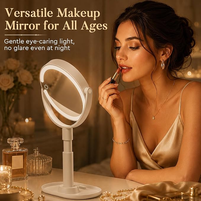 MOMOKUBA Makeup Mirror with Lights, 20X Magnifying Mirrors, Height Adjustable, Vanity Mirror with Lights Rechargeable 3 Color Modes, Double-Sided Detachable Travel Mirrors, Gift for Women, White