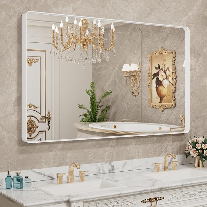 LOAAO 55x30 Inch White Metal Framed Bathroom Mirror | Rounded Rectangle Mirror, Anti-Rust, Tempered Glass, Hangs Horizontally or Vertically