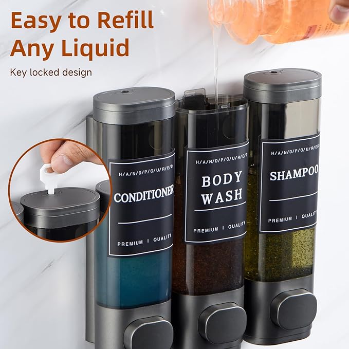 Shampoo and Conditioner Dispenser,Shower Soap Dispenser 3 Chamber No Drill Wall-Mounted for Bathroom & Hotel Leak-Proof Pumps, for Thick Liquids Like Conditioner - 1050ML High Capacity, Gun Gray