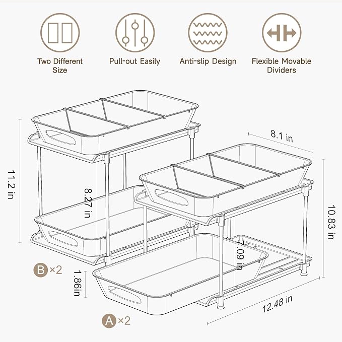 Sevenblue Under Sink Organizer, Bathroom Organizers and Storage, 2 Tier Multi-Use Pull Out Cabinet Organizer with Hang Hooks and Cups (transparent, 11.2 Inch)