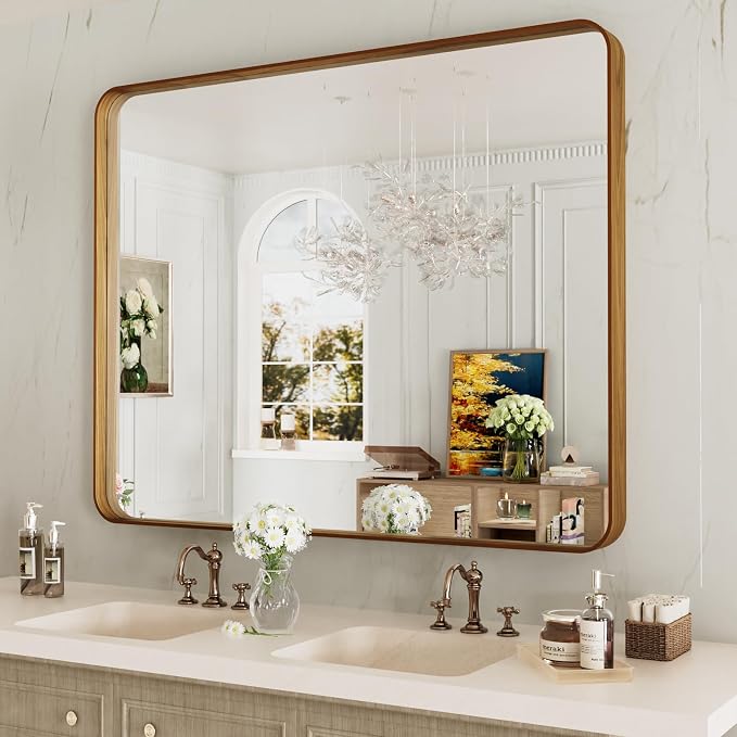 LOAAO 40X24 Inch Bathroom Mirror with Wood Grain Colored Metal Frame | Rounded Rectangle Metal Framed, Anti-Rust, Hangs Horizontally or Vertically