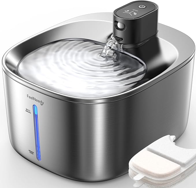 FEELNEEDY Wireless Cat Water Fountain Stainless Steel with Sensor, 4000mAh Battery Operated, 4L/135fl oz Pet Water Fountain for Cats Dogs, Ultra Quiet Cat Drinking Fountain with 2 Filters (YPD-C004S)
