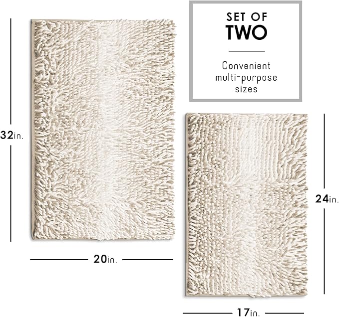 Hearth & Harbor Bathroom Rugs, Chenille Bath Mat - Machine Washable Bath Mats for Bathroom Non-Slip Backing Rubber, Quick Dry Bathroom Mat, 17 x 24 + 20 x 32 - Ombre Beige