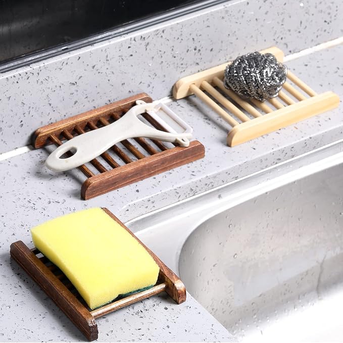 Potchen Bamboo Soap Dish Wooden Hand Craft Soap Case for Shower Rectangular Bathtub Shower Dish Accessories for Home Bathroom Kitchen Sponges(Charcoal,50 Pack)