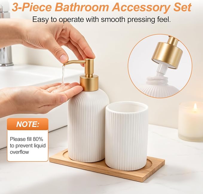 RETON 3 PCS Ceramic Bathroom Accessories Set with Natural Bamboo Tray-White | Included Hand Soap Dispenser, Toothbrush Cup and Bamboo Tray, Fits Bathroom Countertop, Bath Countertop Decor Organizer