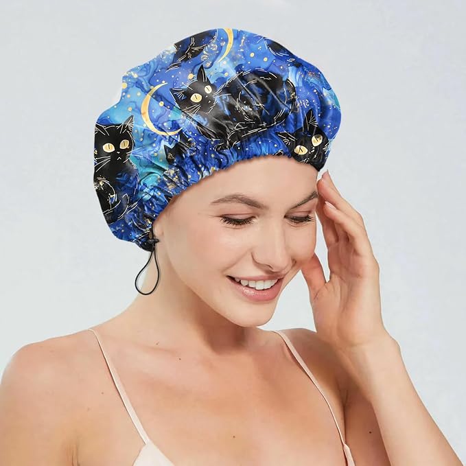 2 PCS Shower Cap Reusable Waterproof Double Layers Hair Caps Shower Bath Adjustable Elastic Hat for Women Girls Cute Aesthetic-Black Cat