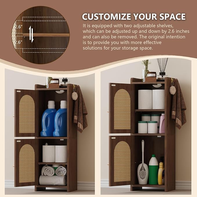 Rattan Bathroom Storage Cabinet,Corner Floor Cabinet with 2 Doors and Adjustable Shelf, Narrow Toilet Paper Cabinets with 2Hooks,Toilet Organizer for Small Spaces,7.87"D*9.84"W*29.72"H （Brown）