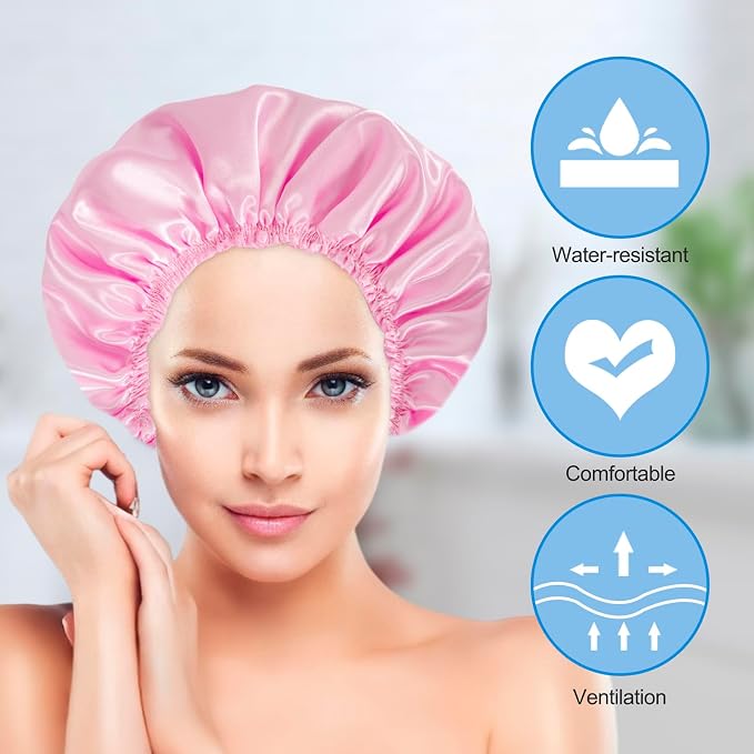 Shower Cap for Women Set of 4, Reusable Bath Caps + 2 Satin Hair Scrunchies | Double Layers, Waterproof Hair Caps, for Bath Accessories, Spa, Travel Home - Pattern B