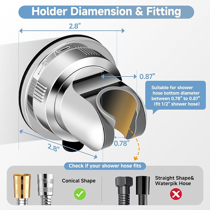 Suction Shower Head Holder, Removable Wall-Mount Handheld Shower Holder, No-Drill Adjustable Chrome Suction Cup 5-Angle Tilt & 360° Swivel