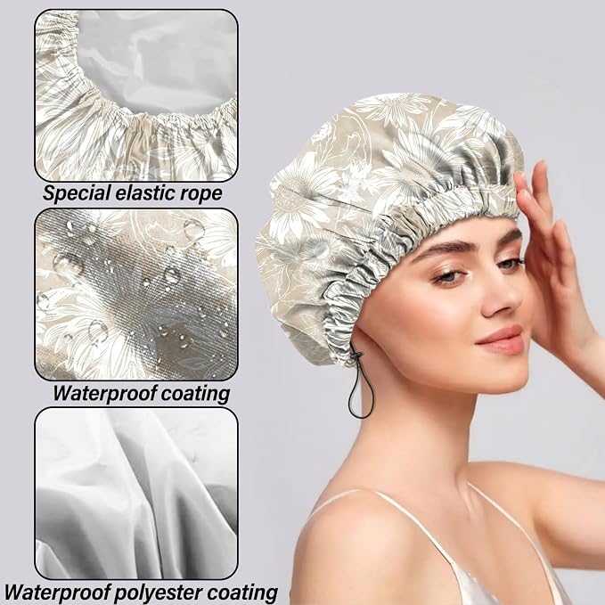 2 PCS Shower Cap Reusable Waterproof Double Layers Hair Caps Shower Bath Adjustable Elastic Hat for Women Girls Cute Aesthetic-Sunflower