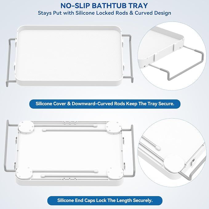 Bathtub Tray for Large Soaking Tub Table Tray Expandable Tub Shelf for Bathtub Caddy Bath Shelf Over Tub Luxury Bath Board Book Holder with Removable 2 Cup Holder Phone Metal Shower Caddy Basket White
