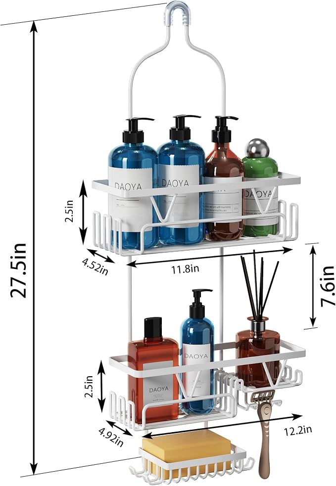 DAOYA Over the Shower Head Caddy, White Shower Caddy Hanging, 3 Tier Anti-Swing Bathroom Organizer with Soap Holder & Hooks
