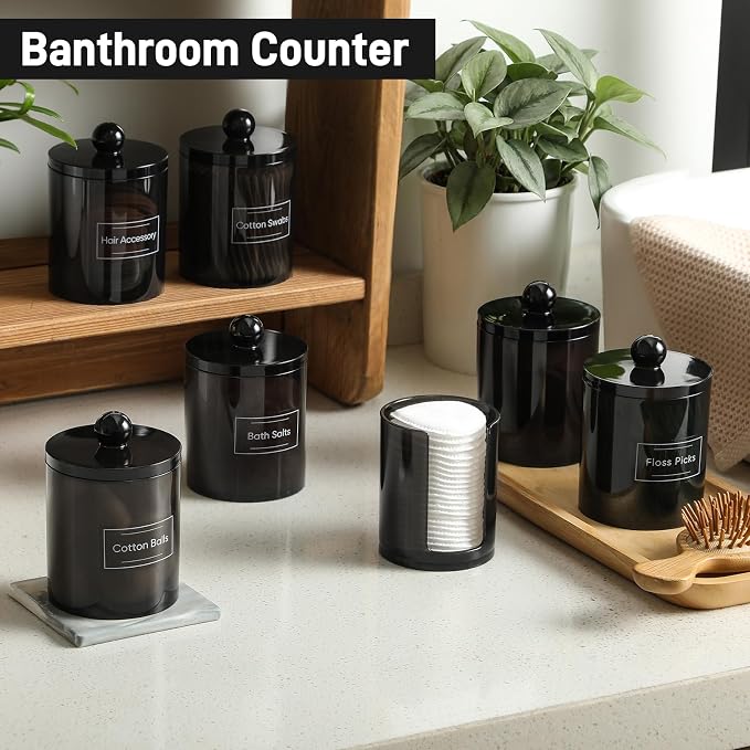 4 Pcs Acrylic Qtip Holder Dispenser for Cotton Swabs, Balls, Floss Picks | Thick, Clear Black, w/ Labels - Small Canister Apothecary Jar Set, Bathroom Decor Essentials, Shelf Vanity Storage Organizer