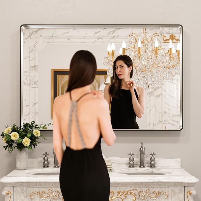 LOAAO 50X30 Inch Brushed Nickel Bathroom Mirror, Rounded Rectangle Silver Metal Frame Mirror, Brushed Nickel, Anti-Rust, Shatter Proof, Hangs Horizontally or Vertically | Rounded Rectangle, Silver Metal Frame, Anti-Rust, Tempered Glass, Hangs Horizonta...