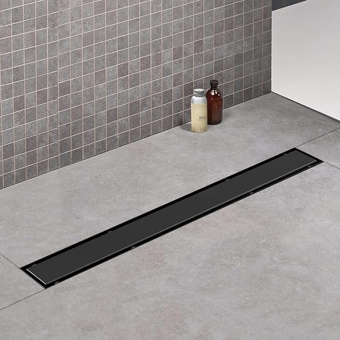 ELLO&ALLO 36 Inch Matte Black Linear Shower Drain, SUS304 Stainless Steel Rectangle Shower Floor Drain with 2-in-1 Flat & Tile Insert Cover