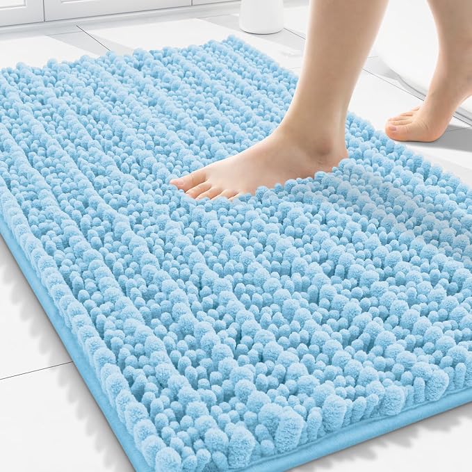 Smiry Bathroom Rugs 30X20, Extra Soft Rubber Backing Chenille Bath Mats | Sky Blue Machine Washable Non Slip Quick Dry Bath Mats for Bathroom Floor, Tub, Shower, Home Decor Accessories