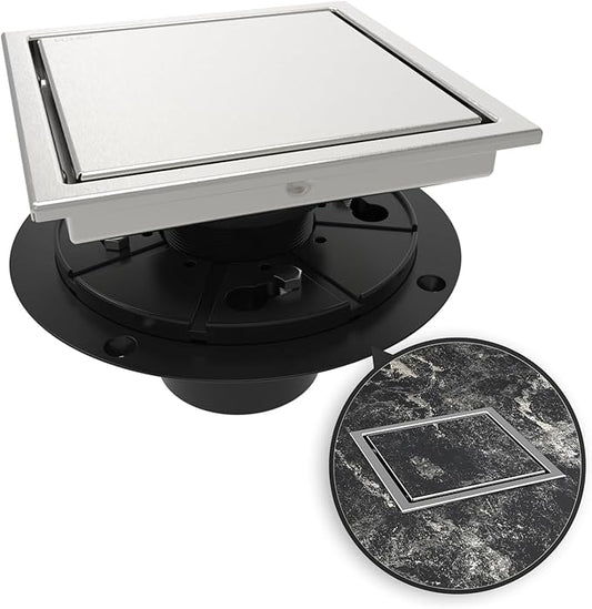WEBANG 6 Inch Square Shower Drain Brushed Floor Drain with Flange Reversible 2-in-1 Cover Tile Insert Grate Removable SUS304 Stainless Steel CUPC Certified Brushed