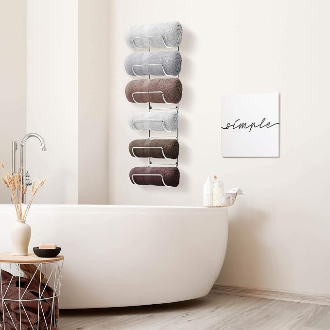 Sorbus Towel Rack Wall Mount – 6 Compartments of Silver Metal Towel Holder for Bathroom Decor Sets, Organizer for Linens, Gym, Rv, Door, Cabinet - Wine Rack Wall Mounted for Kitchen, Bar, Wine Cellar