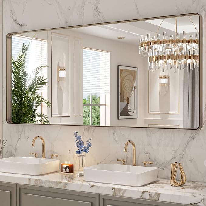 LOAAO 72"X32" Bronze Bathroom Mirror | Rounded Rectangle, Brushed Bronze Metal Frame, Anti-Rust, Tempered Glass, Hangs Horizontally or Vertically