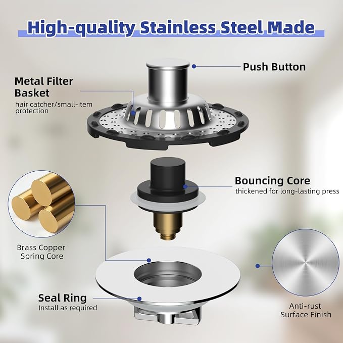 Universal Bathtub Drain Stopper Metal Hair Catcher, Top Strainer, Chrome | Shower Drain Tub Stopper with Stainless Steel Visible Filter Basket, Upgraded 3 in 1 Pop-up Drain Plug for 1.5 to 2.4" Hole