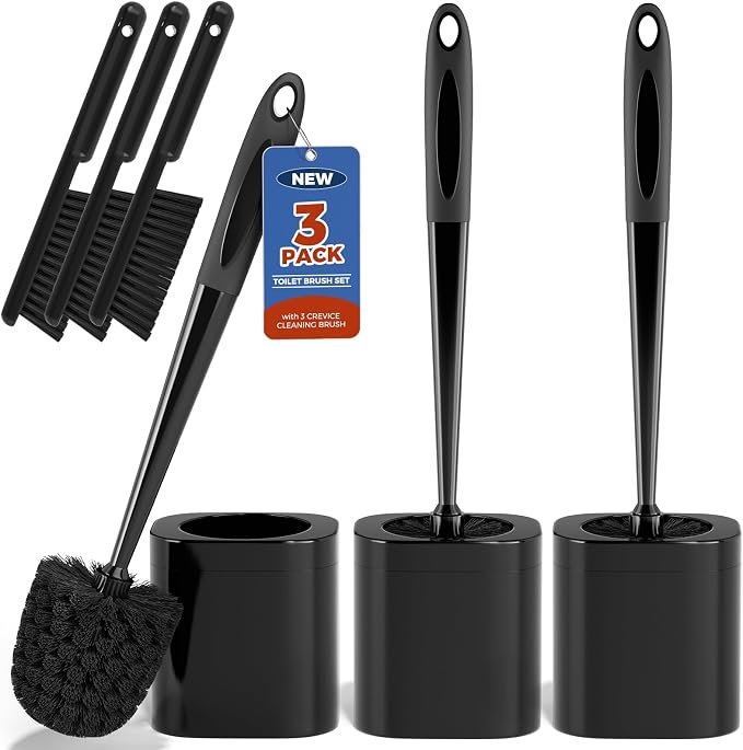 Holaloha Toilet Brush and Holder Set, Space Saving, 3 Pack, Black | Bathroom Accessories, Ergonomic Silicone Handle, Dense Bristles, Deep Cleaning, with 3 Crevice Brushes, Compact Design