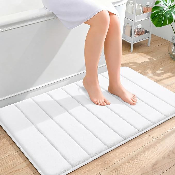 OLANLY Memory Foam Bath Mat 36x24, Super Soft and Absorbent Bathroom Rugs | White, Quick Dry Bath Rug, Machine Washable Shower Floor Mats, Bathmat Carpet for Bathroom Floor, Tub and Shower