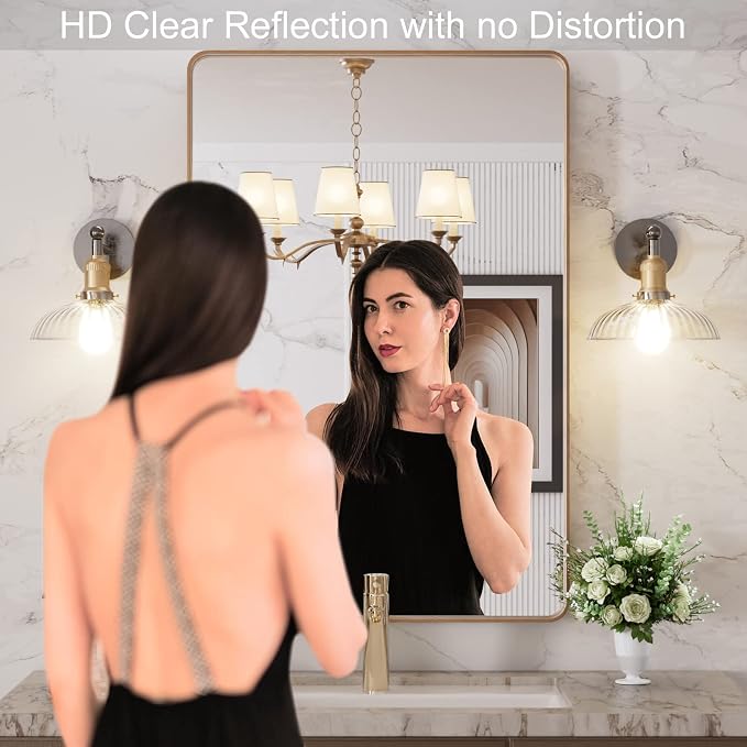 LOAAO 24"X36" Gold Bathroom Mirror | Rounded Rectangle, Brushed Gold Frame, Wall-Mounted, Anti-Rust, Hangs Horizontally or Vertically
