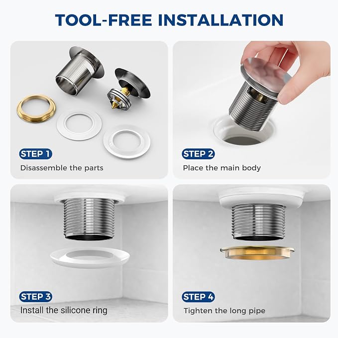 BOTEMY Solid Brass Pop-Up Drain with Overflow for Freestanding Tubs, Tool-Free Installation Bathtub Drain Stopper with Chrome Finish, Big Cap Fit 1.8" Hole, Leak-Proof Heavy Duty（Chrome）