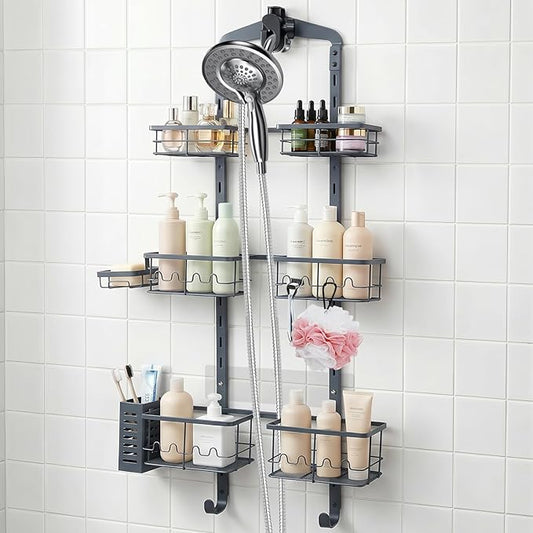 Extra Large Shower Caddy Hanging, Rust-Resistant Shower Organizer Hanging,3 Tier Height-Adjustable Over the Head Caddy,Rack with Soap Basket (Gray)